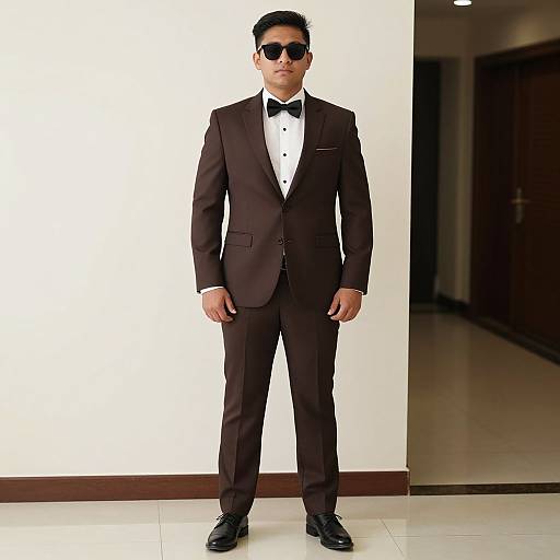 Photograph of a young Asian man in a black tuxedo, white dress shirt, black bow tie, black sunglasses, and black shoes, standing