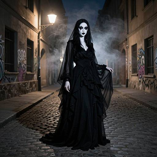 Gothic woman in black, flowing dress with white face mask, stands on cobblestone street at night, surrounded by fog and graffiti. M