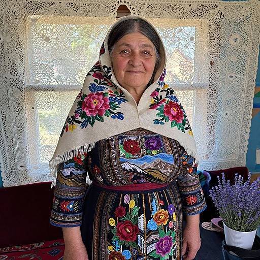 Photograph of elderly woman with dark hair, wearing colorful embroidered dress and floral shawl, standing in front of lace curtain and lavender plant.