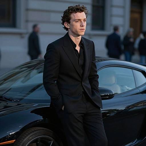 Photograph of a young, white man with curly brown hair, wearing a black suit and unbuttoned shirt, leaning against a sleek black car in