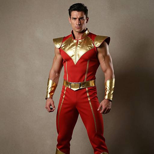 Photograph of a muscular, dark-haired man in a red and gold superhero costume with metallic shoulder and wrist guards, standing against a gray background, ex