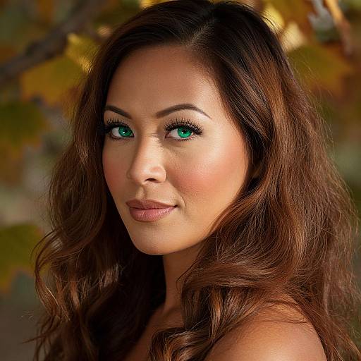 Photograph of a beautiful woman with long, wavy brown hair, green eyes, and light makeup, smiling softly against a blurred autumn background.