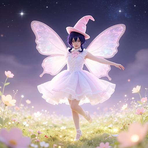 Digital art of a fairy girl with glowing white wings, blue hair, pink hat, white dress, standing in a magical field of glowing flowers under a