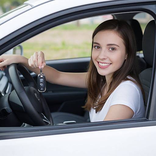 Photograph of a smiling young woman with straight brown hair, wearing a white shirt, holding car keys in a black car.