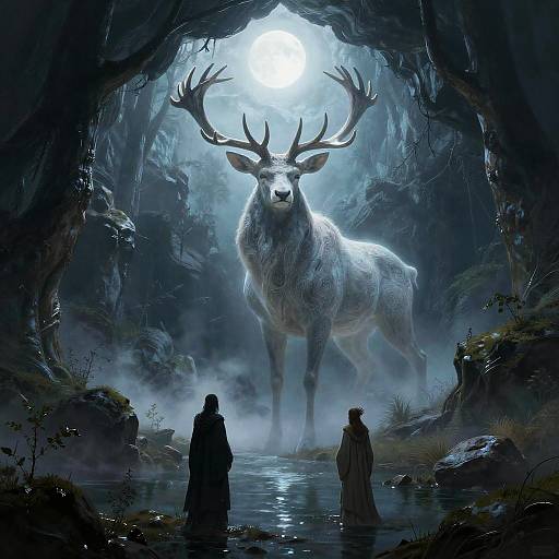 Digital fantasy artwork: A massive, glowing white stag with enormous antlers stands in a misty cave entrance, illuminated by a bright moon. Two clo