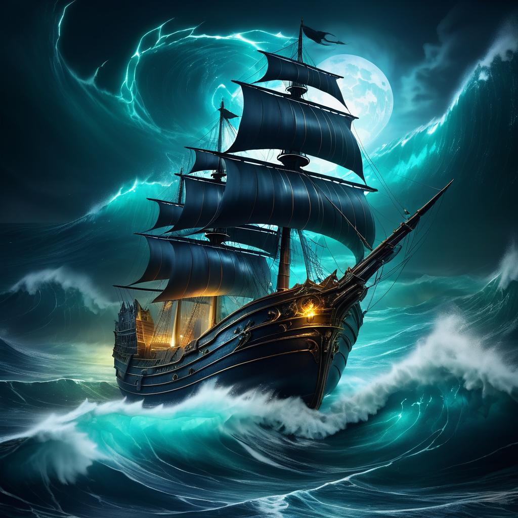 Stormy Sea with Glowing Ship Scene