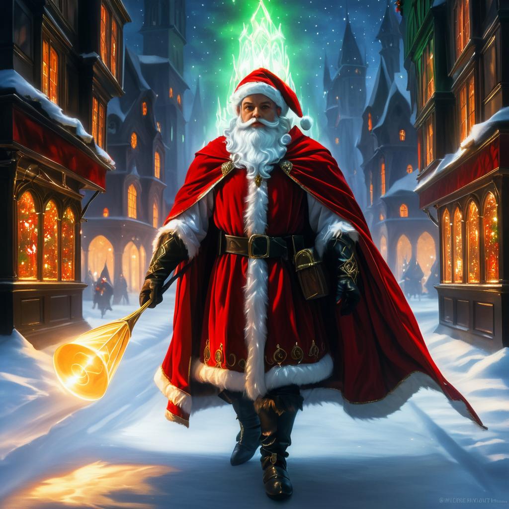 Elf Santa Claus in a Dark City Scene