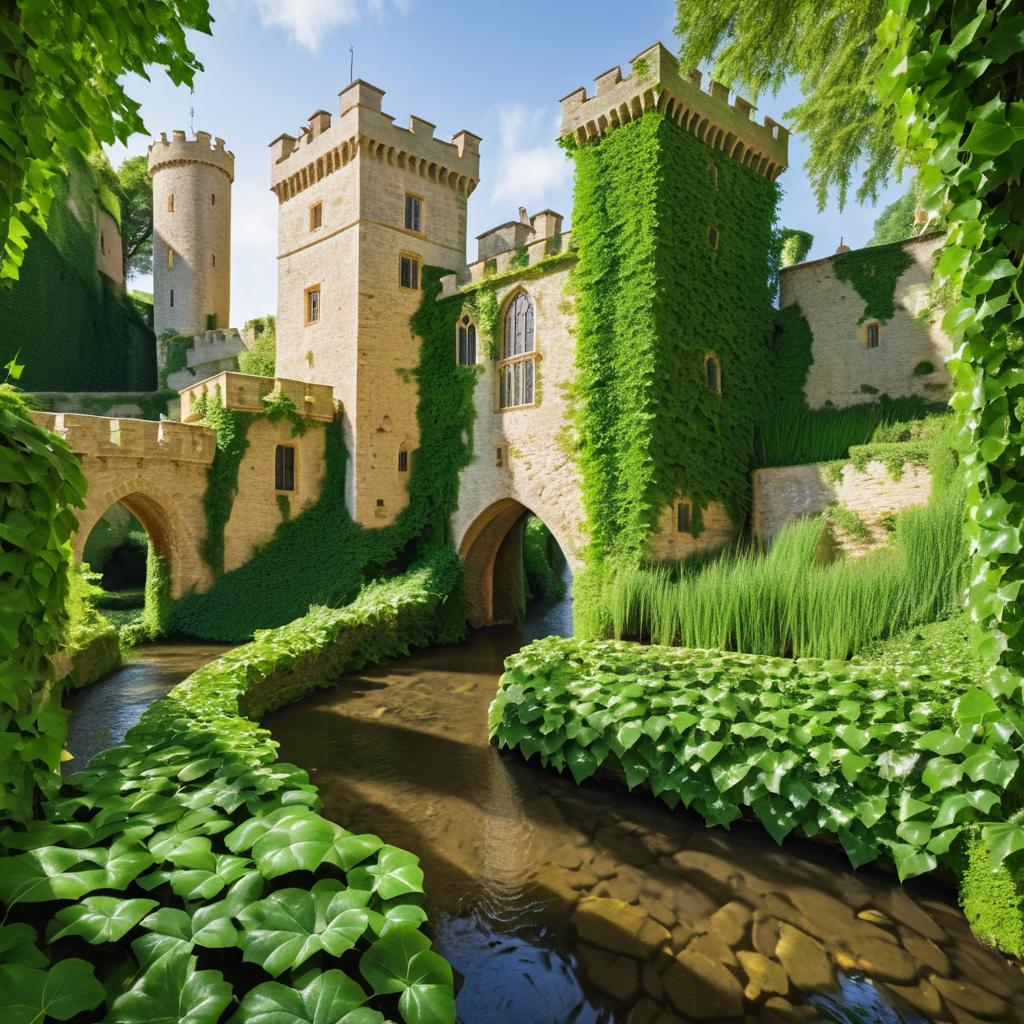 Serene Medieval Castle with Ivy and Stream