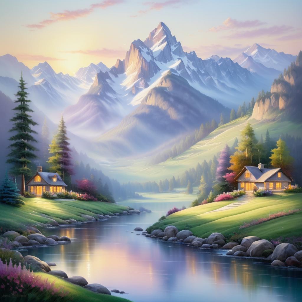 Serene Dawn: Mountain Landscape Painting