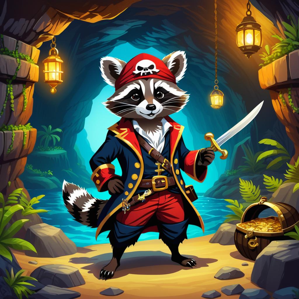 Adventurous Raccoon Pirate in Treasure Cave