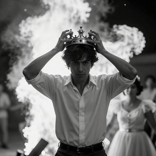 Dramatic Man with Crown Amidst Flames