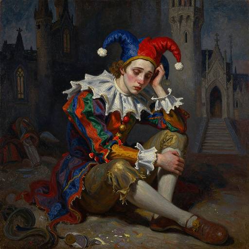 Digital painting of a melancholic jester with colorful hat, white ruffled collar, and gold pants, sitting on a dark castle floor.