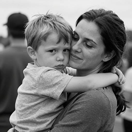 Mother Hugging Concerned Young Son