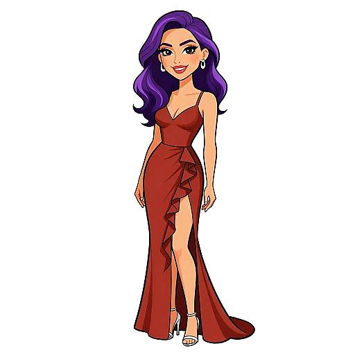 Digital illustration of a smiling woman with long purple hair, wearing a red, ruched, sleeveless gown with a high slit, and silver high