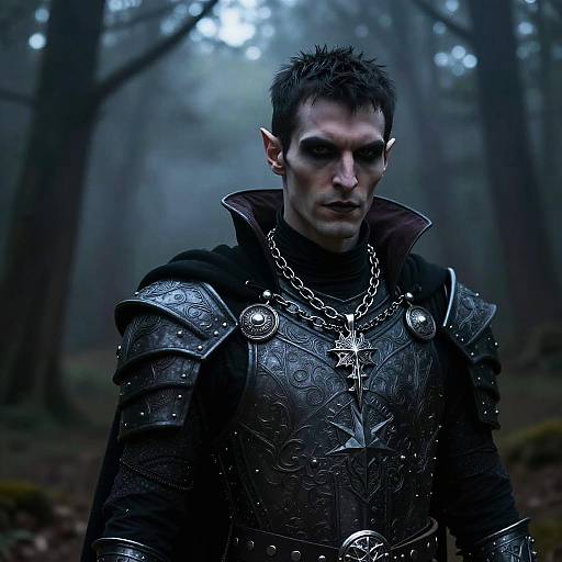Photograph of a dark-haired, pale-skinned elf-man with pointed ears, wearing detailed black armor and a silver chain, standing in a foggy