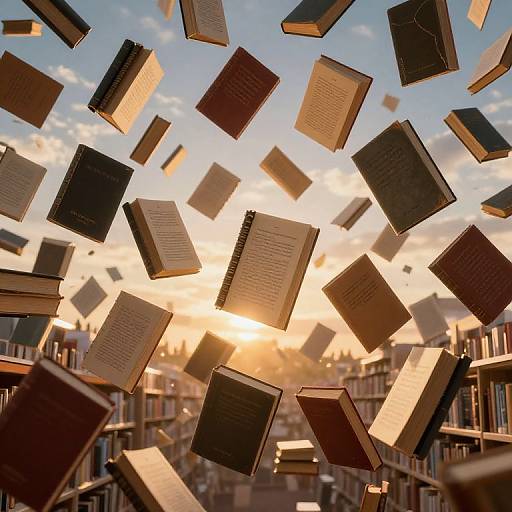 Photograph of open books floating in mid-air against a sunset sky, with a library filled with bookshelves in the background.