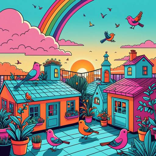 Colorful Cartoon Rooftop Garden at Sunset