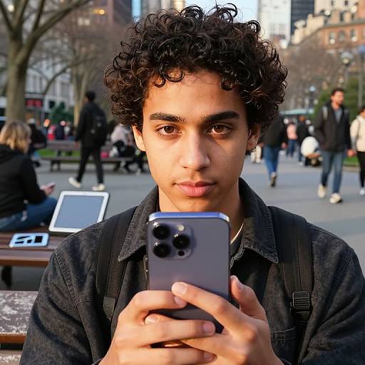 Photograph of a young man with curly dark hair, medium skin tone, wearing a black jacket, intently looking at a smartphone in a busy urban
