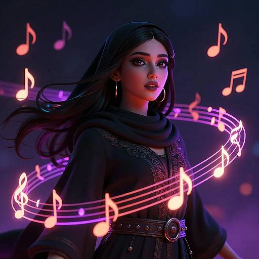 Digital art of a dark-haired woman in a black, embroidered dress with a purple glowing musical note ring around her.
