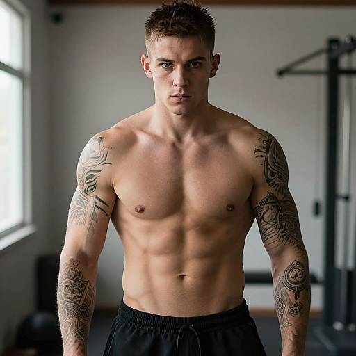 Photograph of a muscular, shirtless man with short brown hair, extensive black tattoos on both arms, and intense gaze, standing in a dimly