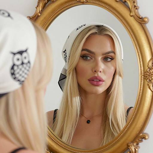 Blonde Woman in Headscarf Reflected in Ornate Mirror
