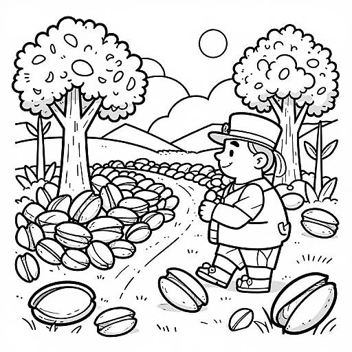 Black-and-white cartoon drawing of a soldier with a hat and backpack, crossing a rocky forest path with trees and rocks.