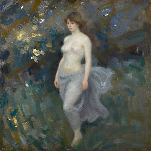 Impressionist painting of a fair-skinned, topless woman with brown hair, wearing a flowing blue skirt, standing in a dark, abstract,
