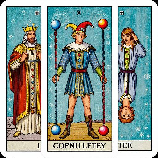 Three-card tarot-style illustration of King, Jester, and Maiden: King wears crown and red robe, Jester in blue outfit with jester