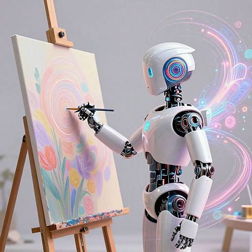 Photorealistic CGI of a white, humanoid robot with glowing blue eyes and circular patterns, painting colorful floral artwork on an easel.