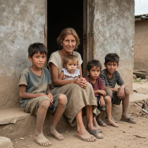 Photograph of an elderly woman with five young boys, sitting on a dirt ground in front of a rustic, worn-out house.
