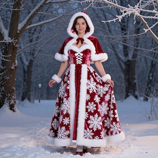 Photograph of a woman in a red, snowflake-patterned, fur-trimmed Christmas dress, standing in a snowy forest with frost-covered trees
