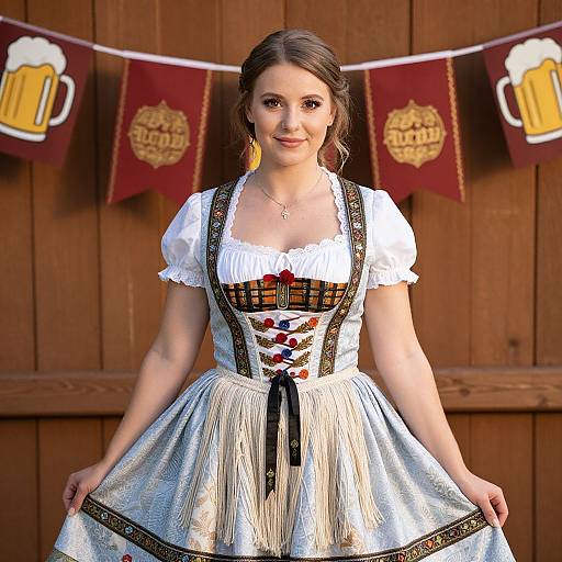 Photograph of a smiling young woman in a traditional Bavarian dirndl dress with white blouse, black and red lace, and blue apron, standing