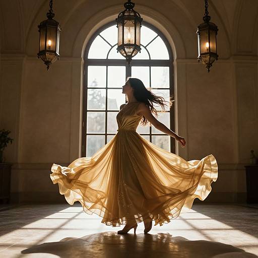 Photograph of a woman in a flowing golden dress, silhouetted against a bright window, dancing in a dimly lit, elegant room with