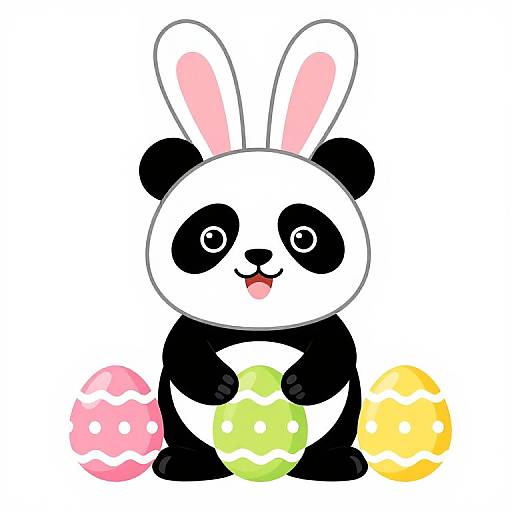 Cartoon panda with black and white fur, pink inner ears, holding colorful Easter eggs (pink, green, yellow) against white background.