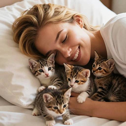 Photograph of a smiling blonde woman with fair skin, lying in bed, cuddling four adorable, gray-striped tabby kittens with different eye colors and