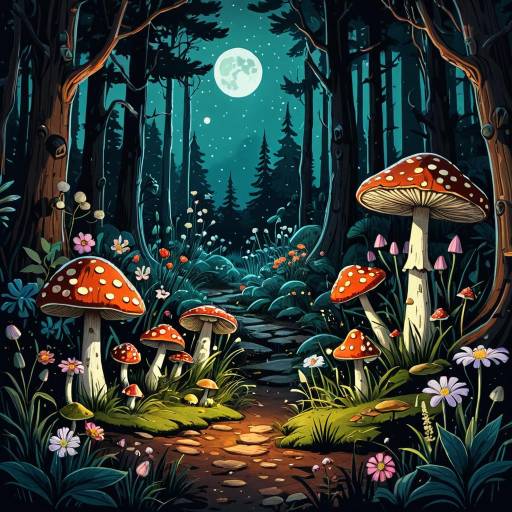 Nighttime Forest Path with Toadstools and Flowers