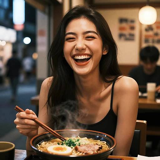 Photograph of a smiling Asian woman with long black hair, wearing a black tank top, eating ramen noodles with chopsticks in a dimly lit,