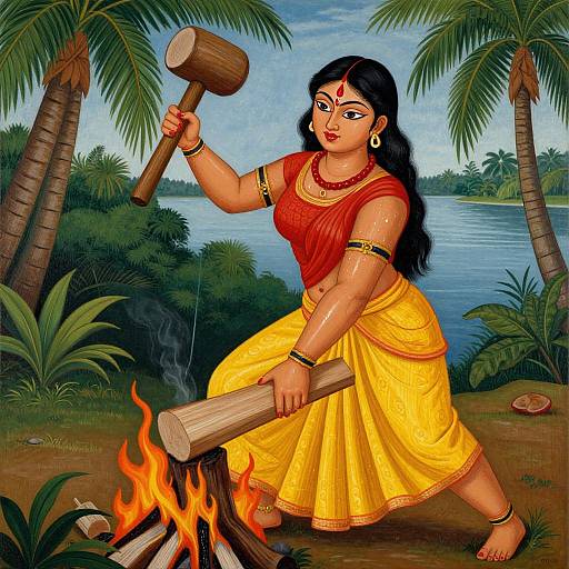 Digital illustration of a South Asian woman in a red blouse and yellow saree, chopping wood by a river with palm trees, holding a hammer over a