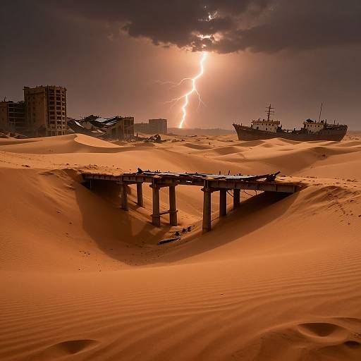 Photograph of a desert landscape with sand dunes, a dilapidated wooden structure, abandoned ships, and a dramatic lightning bolt illuminating the dark