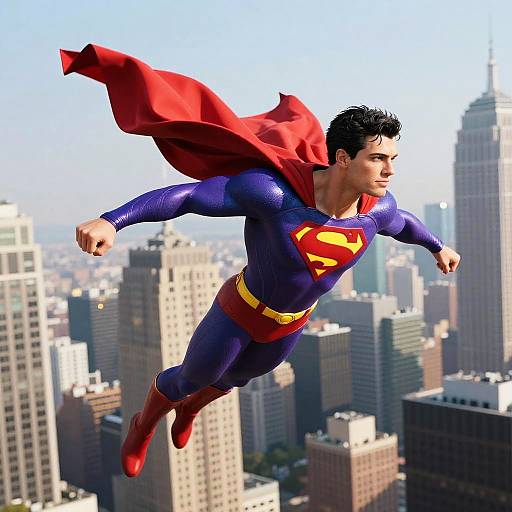 Purple Superhero Soaring Over Metropolis