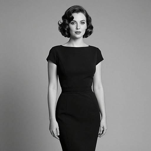 Black-and-white photograph of a 1940s-style woman with short, wavy dark hair, wearing a fitted, short-sleeved black dress