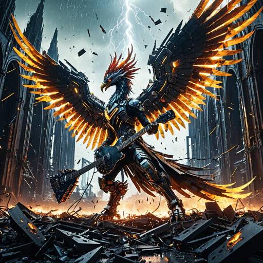 Cybernetic Phoenix Playing Guitar in Industrial Wasteland