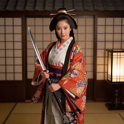 Asian Woman in Traditional Costume with Sword