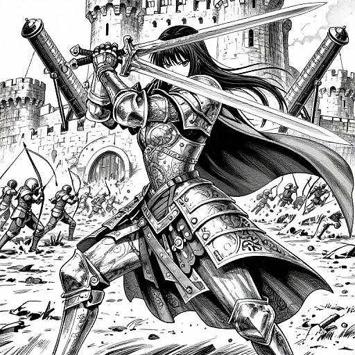 Black-and-white manga-style drawing of a female knight with long hair, armor, and a sword, charging forward in a medieval castle battle. Background shows
