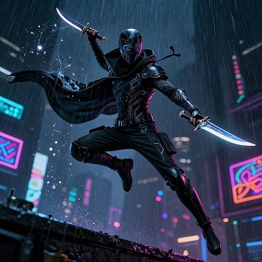 Digital illustration of a masked, armored ninja in a neon-lit, rainy city, mid-leap, wielding dual glowing swords with a dynamic, intense