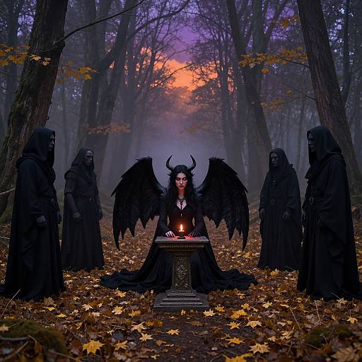 Photograph of a demon-like woman with black wings and horns, in a dark dress, sitting at an altar in a foggy autumn forest, surrounded