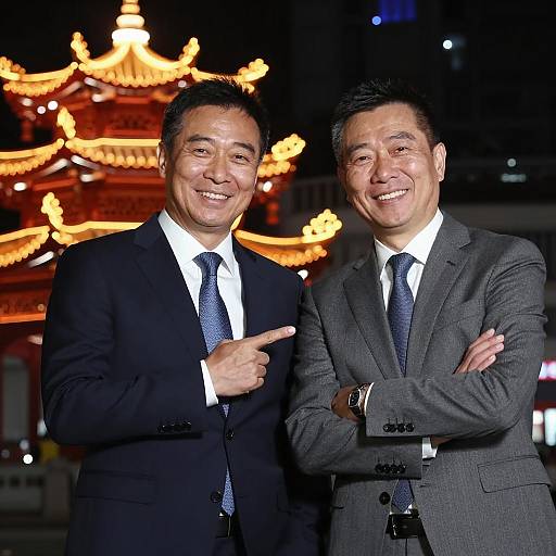 Two Men in Suits Smiling Near Neon Chinese Pagoda