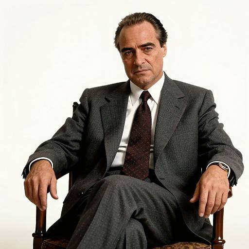 Photograph of a serious-looking middle-aged man with short dark hair, wearing a dark gray pinstripe suit, white shirt, and black tie,