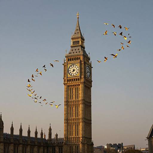 Photograph of Big Ben clock tower with a flock of birds flying in a circular formation against a clear blue sky.