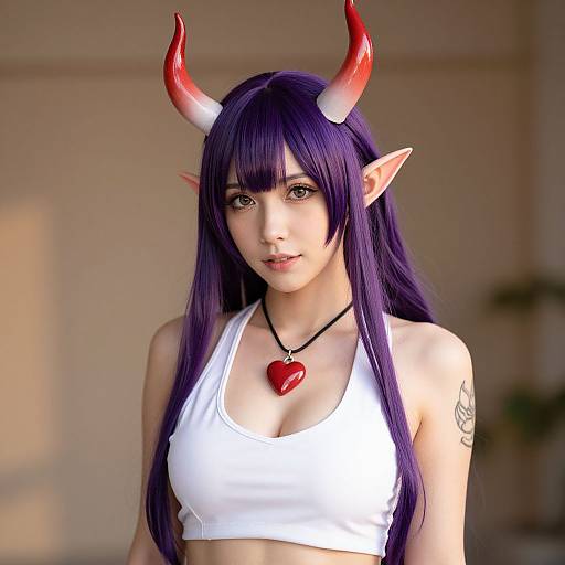 Digital artwork of a young woman with long purple hair, red and white horns, elf ears, white crop top, red heart necklace, tattooed arm